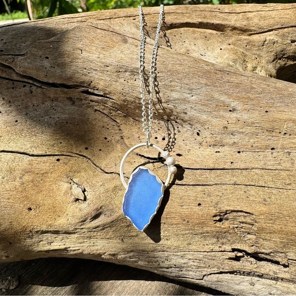 Cornflower blue sea glass Handmade 995 925 sterling silver soldered necklace - Picture 2 of 4